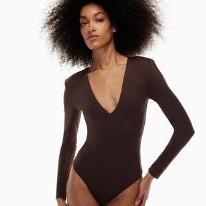 Aritzia Babaton Contour Chocolate Long-sleeve thong bodysuit Top